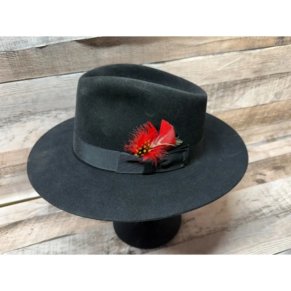 Millers Cowboy Hat Made by Imperial‎ Stetson Black Leather Red Feather Sz 7 1/8
